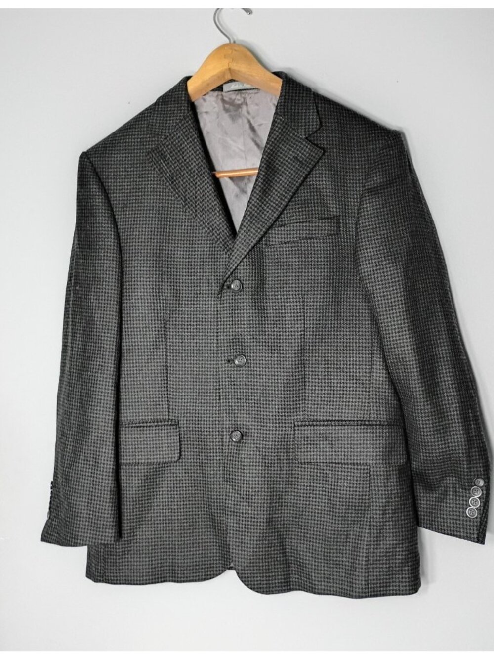 Oscar De La Renta Mens Lambswool Houndstooth Blazer Jacket 40S Black Gray Office